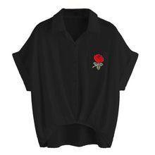 Womens Rose Embroidery T-Shirt Ladies Flower Printing Blusas Sexy V Neck Short Sleeve Shirt Women Pocket Elective shirt