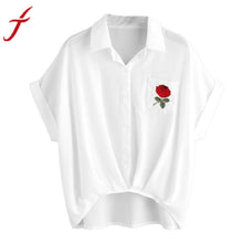 Womens Rose Embroidery T-Shirt Ladies Flower Printing Blusas Sexy V Neck Short Sleeve Shirt Women Pocket Elective shirt